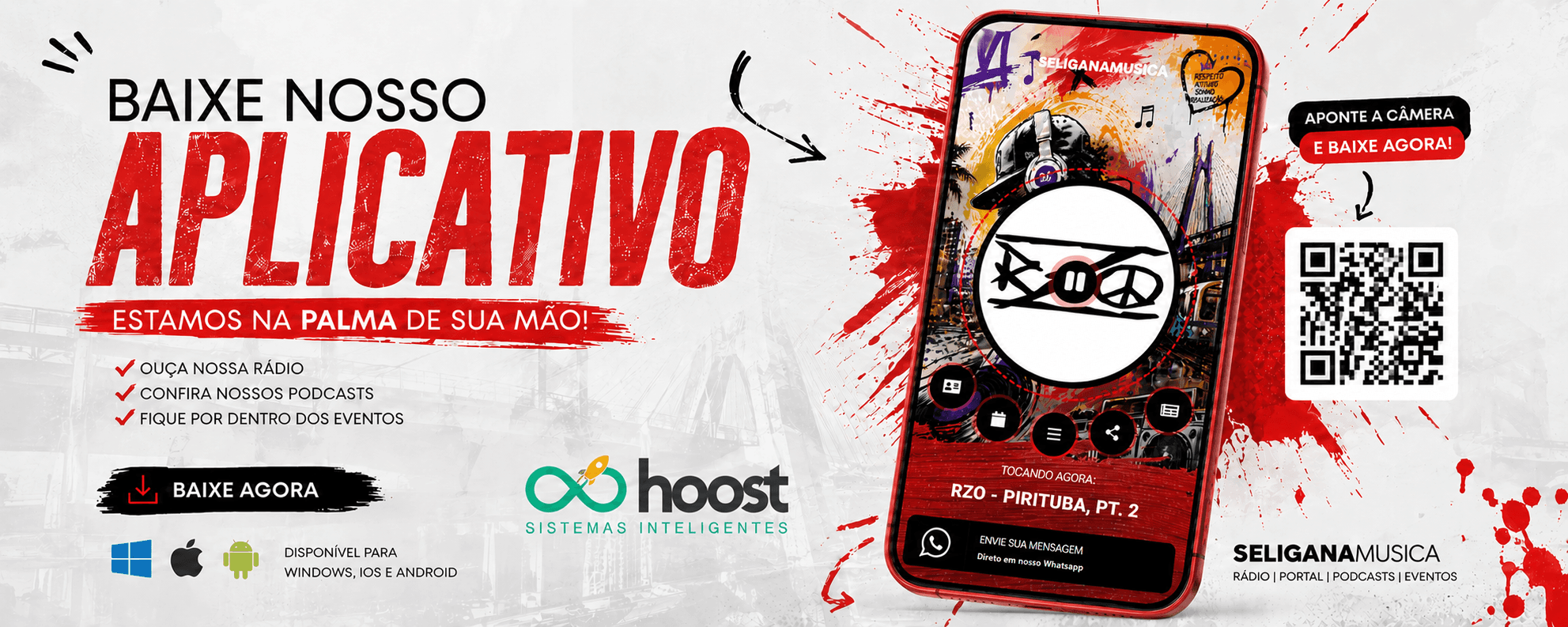 Banner do aplicativo Seliga na Música disponível para Android, iOS e Windows.